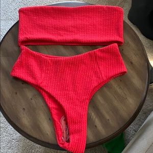 High waisted red bandeau top bikinis